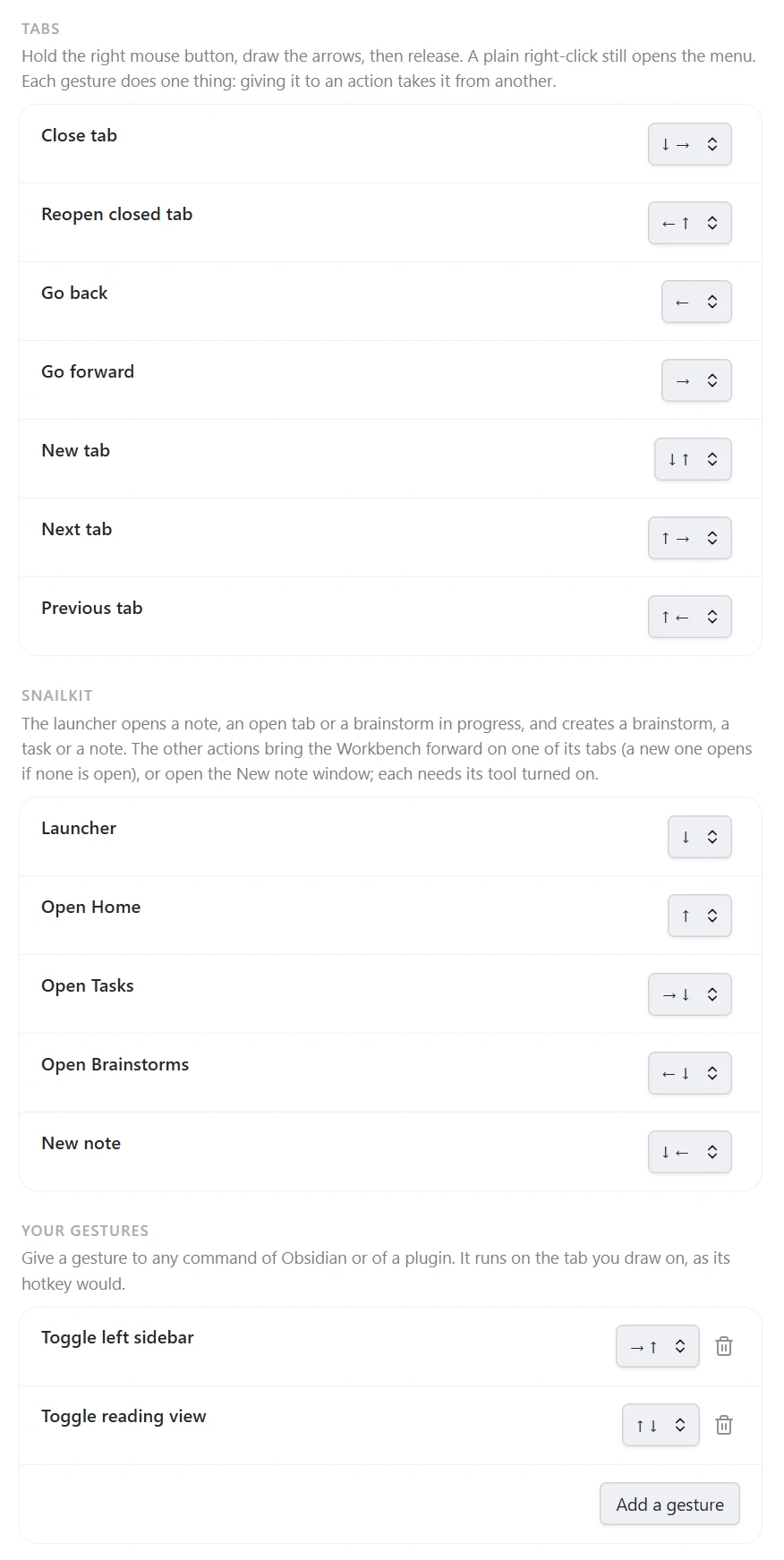 The Mouse gestures settings in Snailkit