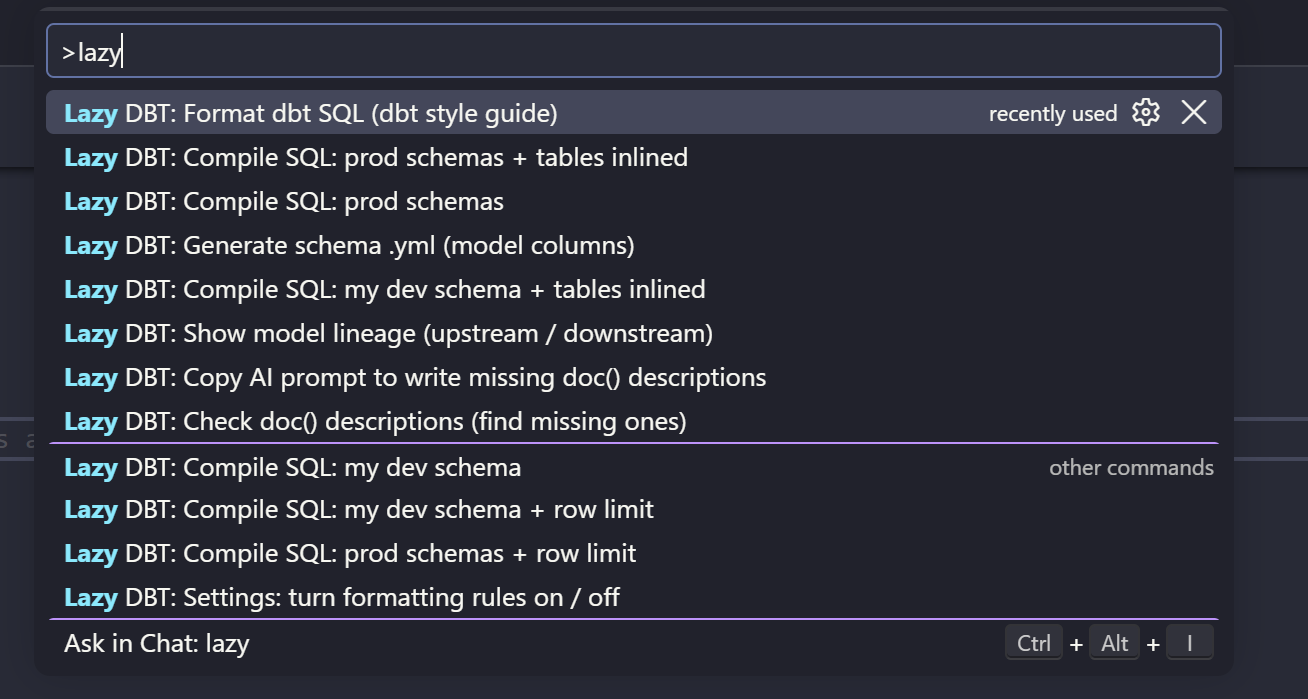 Lazy DBT commands in the VS Code Command Palette