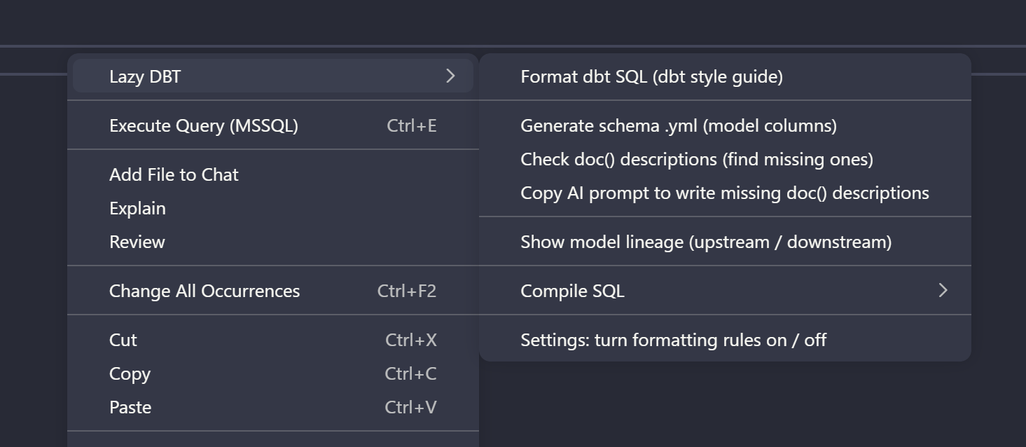 Lazy DBT right-click menu in VS Code